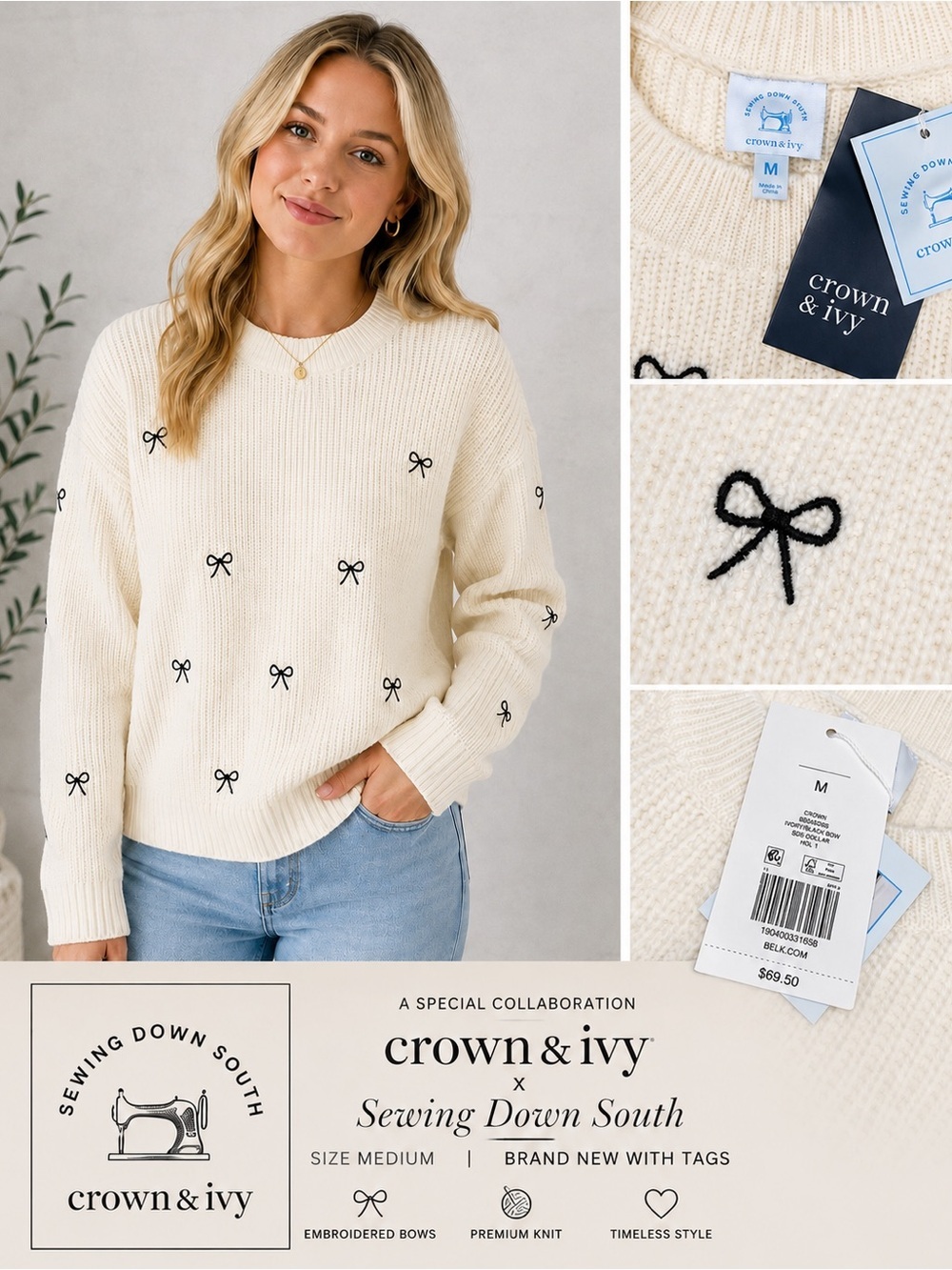 NWT Crown & Ivy x Sewing Down South Ivory Sweater Black Bow Embroidered Medium
